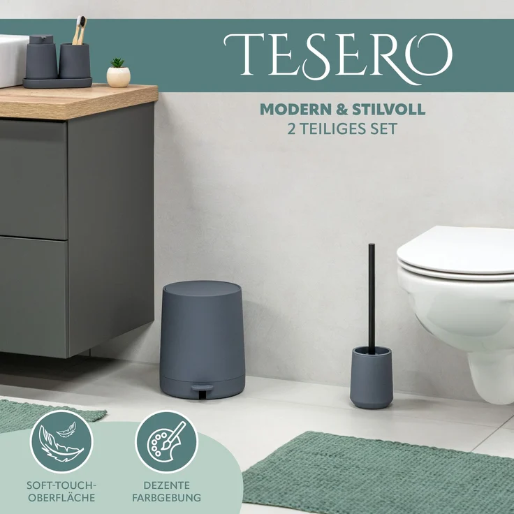 Bad-Accessoires Set TESERO 2tlg. bestehend aus 1x WC-Garnitur, 1x Kosmetikeimer aus Kunststoff in Grau – Bild 2