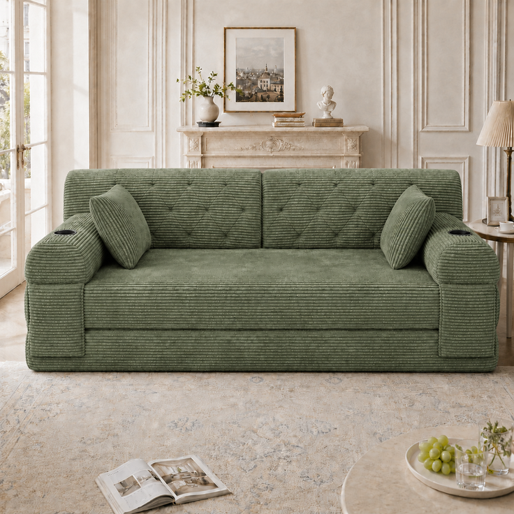 TavilaEcon 2-Sitzer Schlafsofa, komprimiertes Cord Sofa mit hoher Rückenlehne grün 81 × 80 × 168 cm (H × T × B) – Bild 4