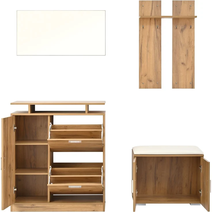 CHICFURN Schrank 140x133x35 cm mit Schuhbank, Spiegel und Kleiderhaken – Natur – Bild 8