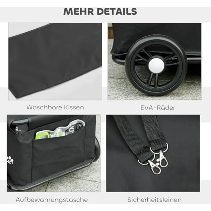 PawHut Hundebuggy klappbarer Hundewagen für Zwergenhunde bis zu 4 kg, (Katzenbuggy, 1-tlg), mit Griffstange, waschbarem Kissen, Sicherheitsleinen, Räder, Schwarz – Bild 7