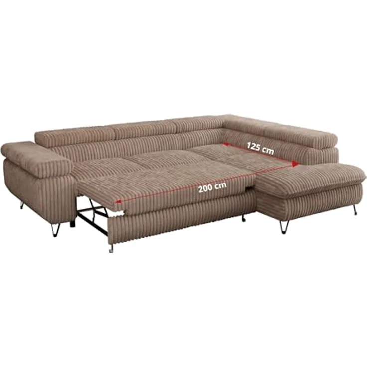 Mks Möbel 'Peter L-form' Ecksofa mit Bettfunktion, Bettkasten & einstellbaren Kopfstützen, Braun, Cord, rechts – Bild 7