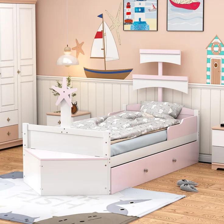 Schiffbett Rosa Mit Ausziehbett 90x200 Metall Konstruktion 120kg Tragkraft Kinderbett Bootsdesign Lattenrost Gästebett Mädchenzimmer