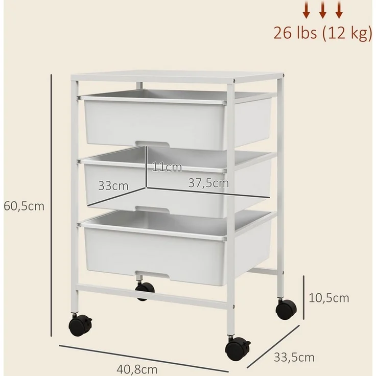 HOMCOM Servierwagen mit 3 Etagen, Griffe, (Rollwagen, 1 St, Aufbewahrungswagen), für Küche, Wohnzimmer, 40,8 x 33,5 x 60,5 cm, Weiß – Bild 3