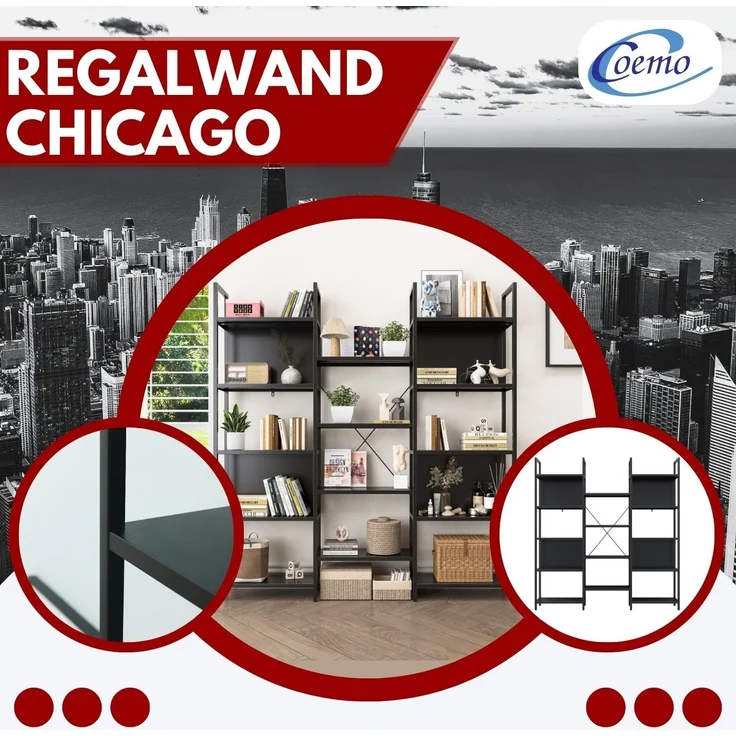 Coemo Regalwand Chicago aus Metall mit 9 Ebenen, 14 Ablageflächen Schwarz – Bild 6