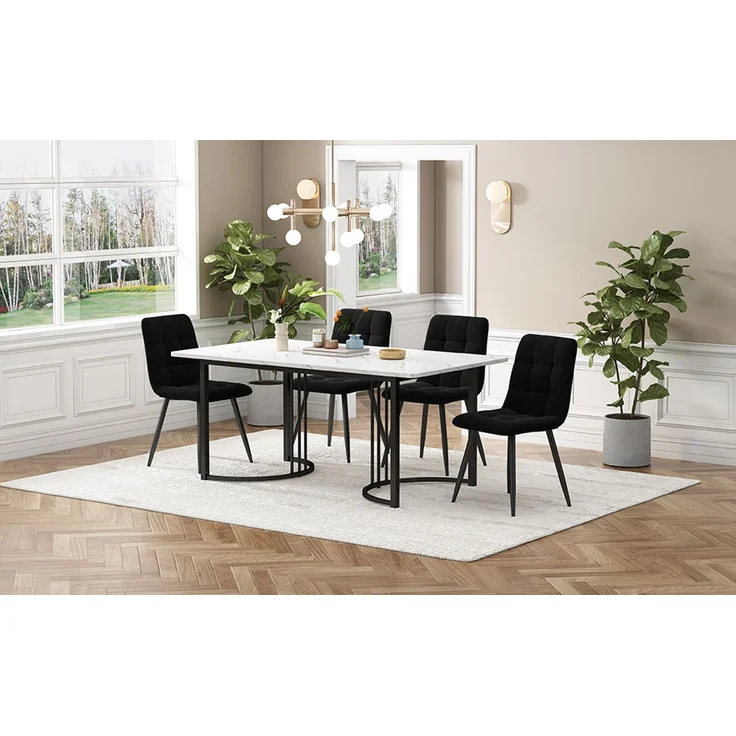 Essgruppe (5-tlg),Esstisch mit 4 Stühlen Set, Moderner Küchentisch Set , 140×80cm Küchentisch mit Schwarz Metallbeinen, MDF Tischplatte in Weißer,Schwarz Samt Esszimmerstühle--Weiß--96x69x18.5cm--YOUDENOVA – Bild 2