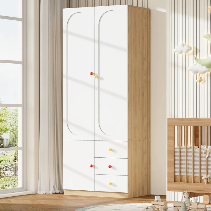Kinder-Garderobenschrank 80 x 50 x 200 cm aus MDF, weiß lackiert, mit 3 Schubladen