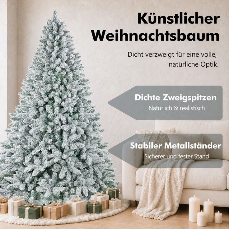 WHEELYOU Künstlicher Weihnachtsbaum 210 cm Dicht beflockte Schneetanne, PVC, Lichterkette, 8 Modi, Dicht beflockte PVC-Schneetanne, volle Zweige, markanter Winterlook, Warmgelbe Lichterkette, 8 Modi, dichte Beflockung, Metallständer – Bild 4