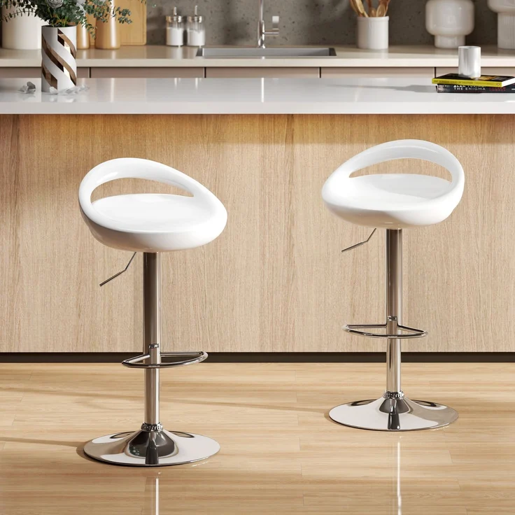 2er-Set Barhocker, höhenverstellbar, mit Rückenlehne und Fußstütze, um 360° drehbar, 46 x 41 x 76–96 cm, weiß – Bild 3
