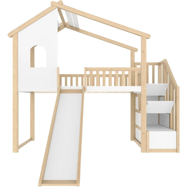 Merax Hochbett, Hausbett, Kinderbett 90x200cm, Bettgitter, Stauraumleiter, Fenster, Rutsche, Hausleiste, Natur+ Weiß – Bild 8