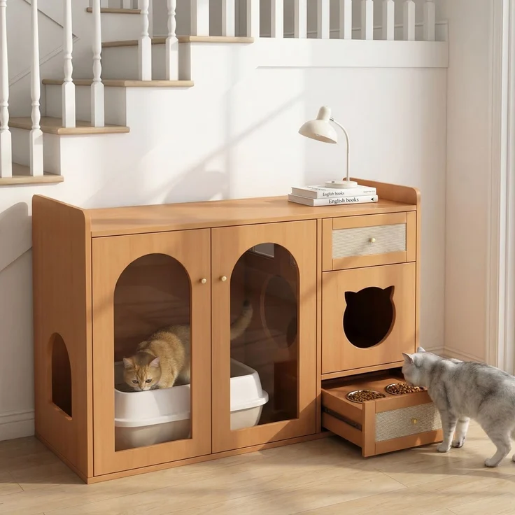 Mehrzweckiges Katzenhaus & Katzenkloschrank – haustiertierfreundlicher Beistellschrank mit Futterschalen, Katzenruheraum, Lagerbereich (ohne Katzenklo & Katzenkissen), Nussbaumfarben, 120x45x83 cm – Bild 6