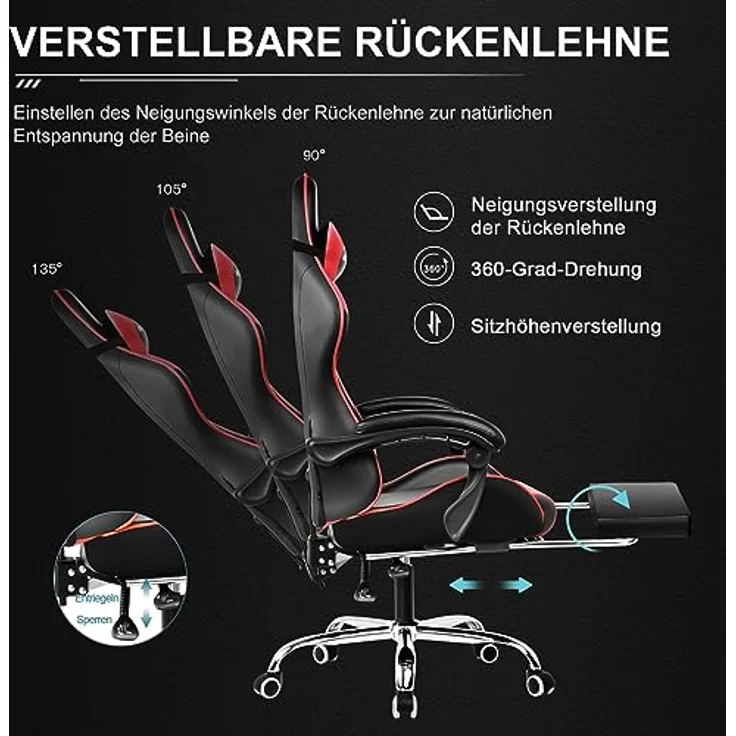 GTPLAYER Gaming Stuhl Bürostuhl Massage Gaming Sessel Ergonomischer Gamer Stuhl mit Fußstütze, Kopfstütze Massage-Lendenkissen, Gepolstert Gaming Chair, Drehsessel, rot – Bild 8