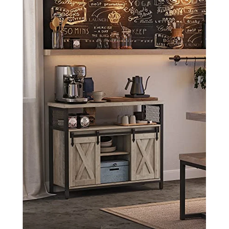 Vasagle Sideboard mit 2 Schiebetüren und verstellbaren Ablagen, Spanplatte, 33 x 100 x 80 cm, Greige / Schwarz – Bild 3