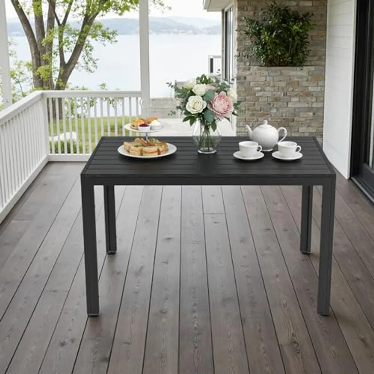Clevich Gartentisch Wetterfeste, 110x70 cm, Outdoor-Esstisch, WPC Balkontisch, Aluminiumrahmen, Wetterfeste Gartenmöbel, Quadratischer Terrassentisch, Schwarz – Bild 6