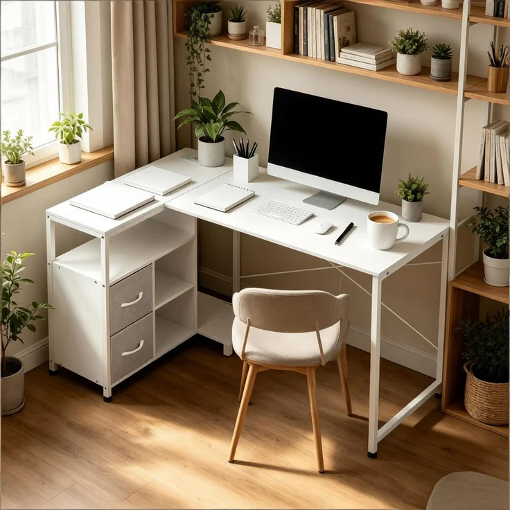 Ecke Schreibtisch,Bürotisch mit Stromanschluss,Umkehrbares Rechteck Design Bürotisch(nur mit Schreibtisch)--Weiß--80x120x76cm--YOUDENOVA – Bild 2