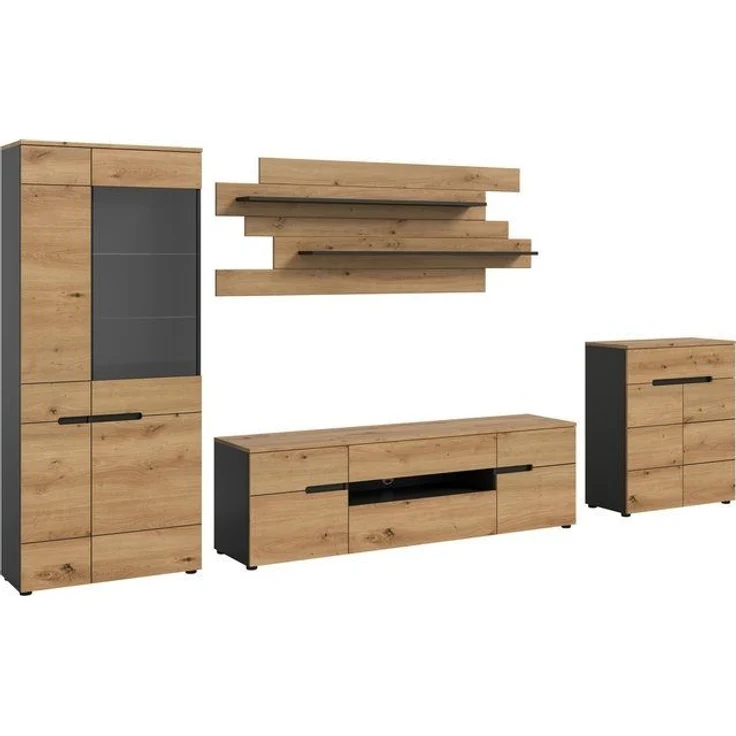 Home affaire Wohnwand REHAT, TOPSELLER!, 4-teilig, Breite 375 cm, individuell stellbar, (4-St, Set bestehend aus: Vitrine, Lowboard, Wandboard und Kommode), Kombination, Anbauwand, Set, Wohn-Set, Wohnzimmer-Set, Schrankwand – Bild 4