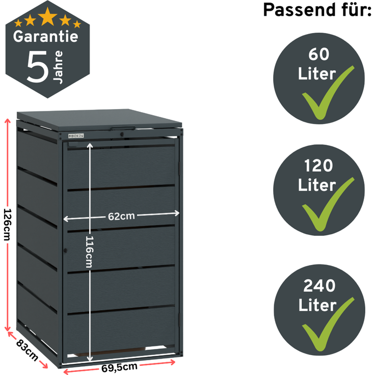 MBOX24 Classic Mülltonnenbox für 1 Mülltonne (240L) aus verzinktem Stahl, 1er Metall Mülltonnenverkleidung in Anthrazit, robust & wetterfest – Bild 3