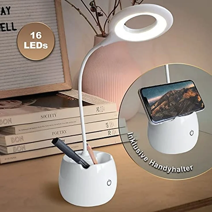 EAXUS LED Schreibtischlampe Touch USB Tischleuchte mit Stiftehalter und Handyhalter, 3 Helligkeitsstufen, flexibel verstellbar, LED fest integriert, kaltweiß, Stromversorgung über USB oder 3x AA-Batterien – Bild 3
