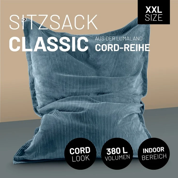 Lumaland Sitzsack Classic XXL Cord | Riesen Sitzsack XXL mit Softer Rippenstruktur – ideal zu Cord Sofa & Sessel Indoor Bean Bag für Wohnzimmer, Schlafzimmer & Co. - 380 L, 140x180 cm – Bild 2