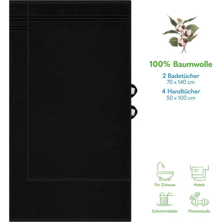 Hammetex 6 teiliges Handtuch Set, 100% Baumwolle Weich Saugstark Qualität Handtücher Set, 2 Badetücher 70x140 cm, 4 Handtücher 50x100 cm, Schwarz – Bild 2