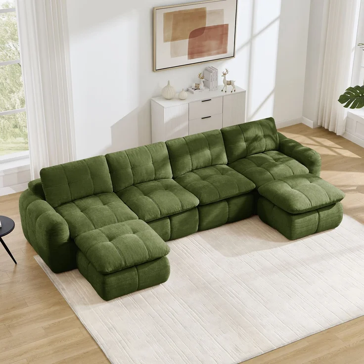 Wohnora-4-sitziges U-Modulsofa rahmenlos, Karostepp-Design, hautfreundlicher Chenille-Bezug, breite tiefe Sitze, frei kombinierbar, montagefrei mit 2 Ottomanen für Wohnzimmer & Apartments,Grün,H 68cm x T 334cm x B 160cm – Bild 3