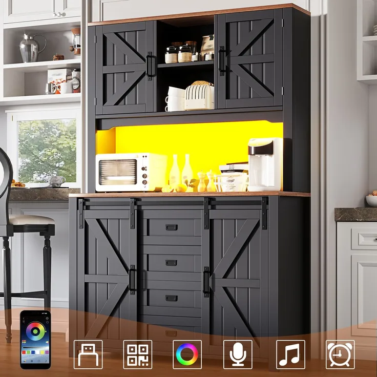 EINHOM Küchenschränke (115 x 40 x 174, 7 cm), Hohe Küchen sideboards, Sideboards, Küchenschränke mit Schiebetüren und LED-Beleuchtung, Schwarz/weiß