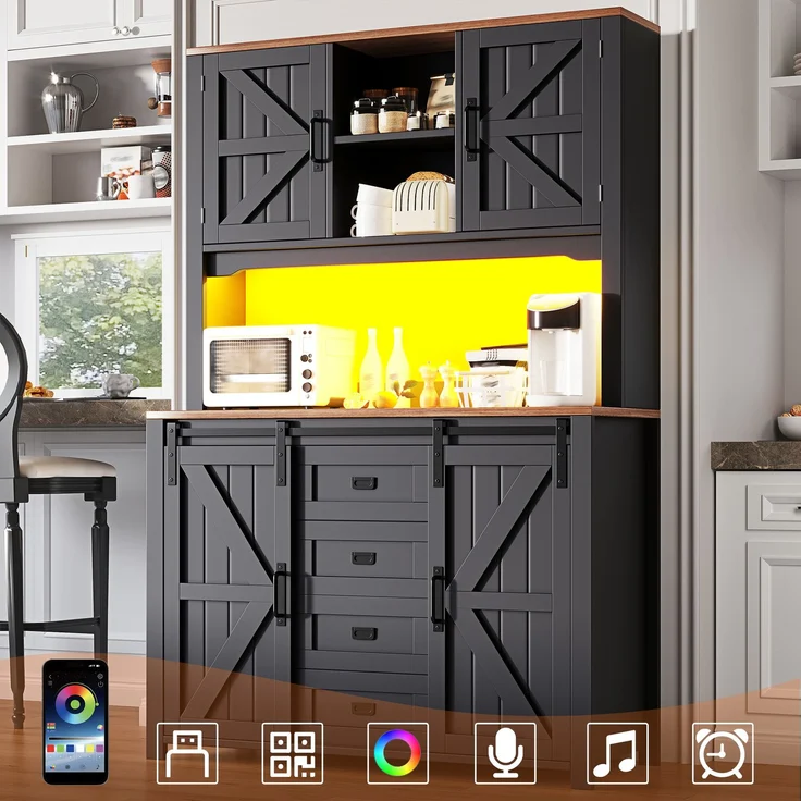 EINHOM Küchenschränke (115 x 40 x 174, 7 cm), Hohe Küchen sideboards, Sideboards, Küchenschränke mit Schiebetüren und LED-Beleuchtung, Schwarz/weiß – Bild 1