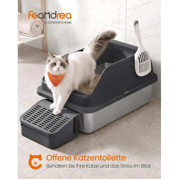 FEANDREA Katzenklo, Katzentoilette, mit hohen Seitenwänden, geräumig, Schaufel, Bürste, schwarz – Bild 2
