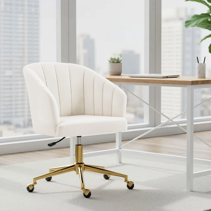 MELAYR, Bürostuhl in Samtoptik, Schaumstofffüllung, höhenverstellbar, rollbar, Stahlbasis, Cremeweiß, 61 x 60 x 92.5 cm – Bild 4