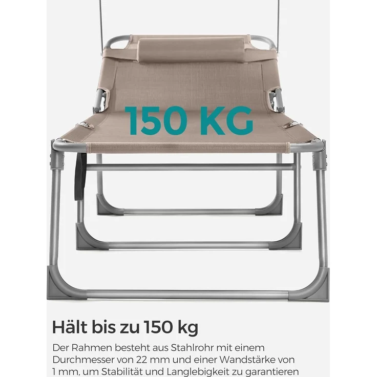 Songmics Sonnenliege, Klappliege, 193 x 53 x 29 cm, Tragkraft 150 kg, mit Sonnenblende und neigbarer Rückenlehne, für Garten, Pool, Terrasse, Taupe GCB192K01 – Bild 6