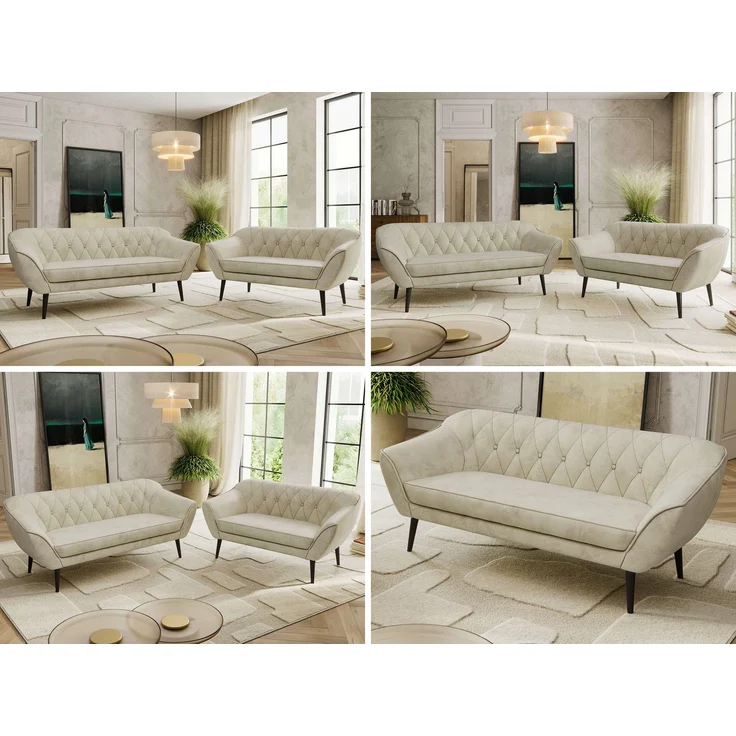 Skandinavisches Sofa Set PIRS 3-2, Komplettset, Wellenfederung, schwarze Füße, Sitzgruppe, Polstermöbel Set - Beige Velvet – Bild 2