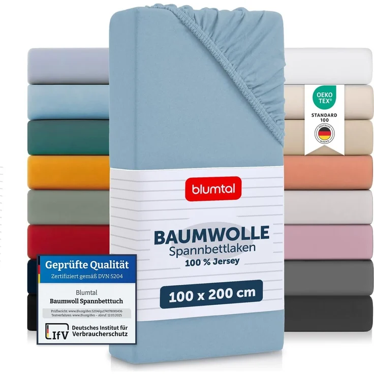 Blumtal® Baumwolle Spannbettlaken 100x200 cm Basics Jersey - Bettlaken 100x200 cm - Oeko-TEX zertifiziertes Spannbetttuch 100x200 cm - Matratzenbezug 100x200 cm - Bettbezug - Leintuch - Dusk Blue – Bild 1
