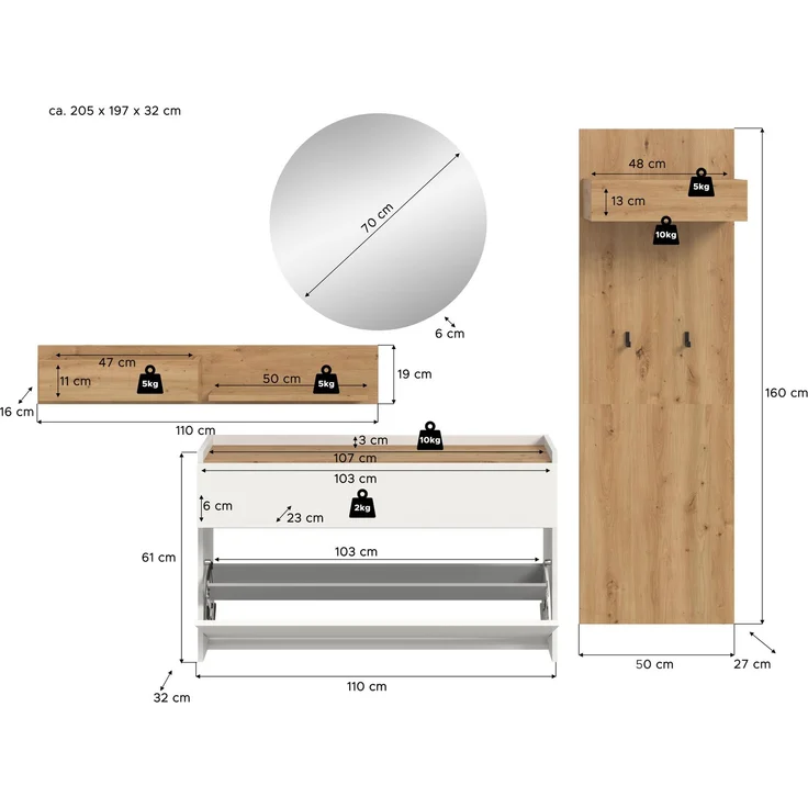 Garderobenkombination B/H/T: 197x205x32 cm in weiß Nachbildung und Artisan Oak Nachbildung – Bild 4