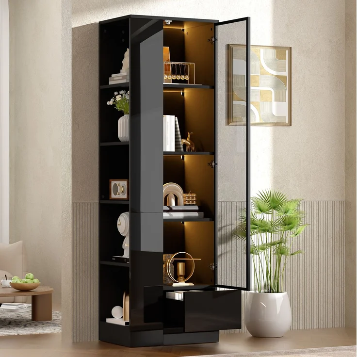 Vitrine 50 x 35 x 160 cm mit Glastür, LED-Beleuchtung und Schublade – Schwarz – Bild 5
