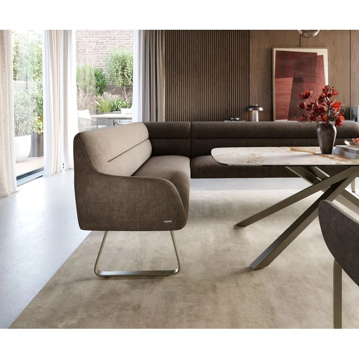 Esszimmerbank Taya-Flex 285x190 cm Strukturstoff Soft Taupe Kufengestell flach Effektfinish Titan Taschenfederkern Rechts – Bild 5