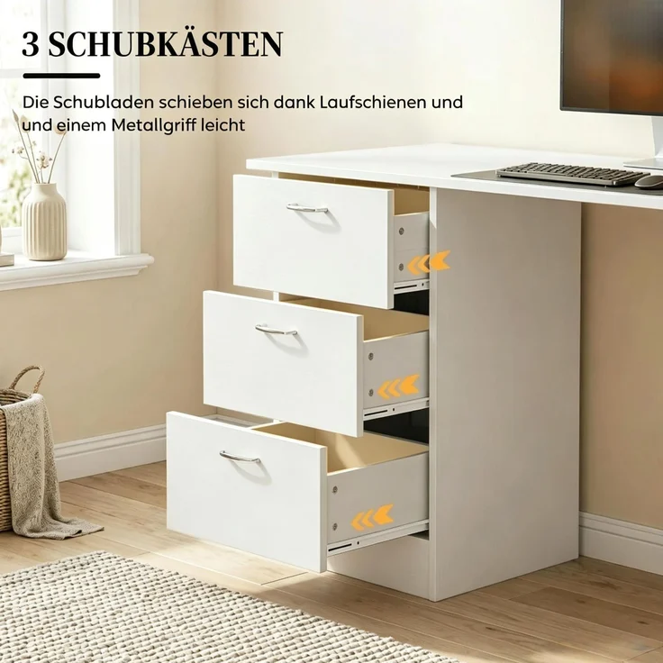 Schreibtisch aus MDF mit 3 Schubladen und 3 Regalen, 120x49x72 cm, Weiß – Bild 6