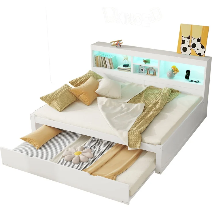 CHICFURN Bett aus Spanplatte und MDF Weiß 140x200 cm mit Ausziehbett, LED-Beleuchtung und USB-Anschlüssen – Bild 7