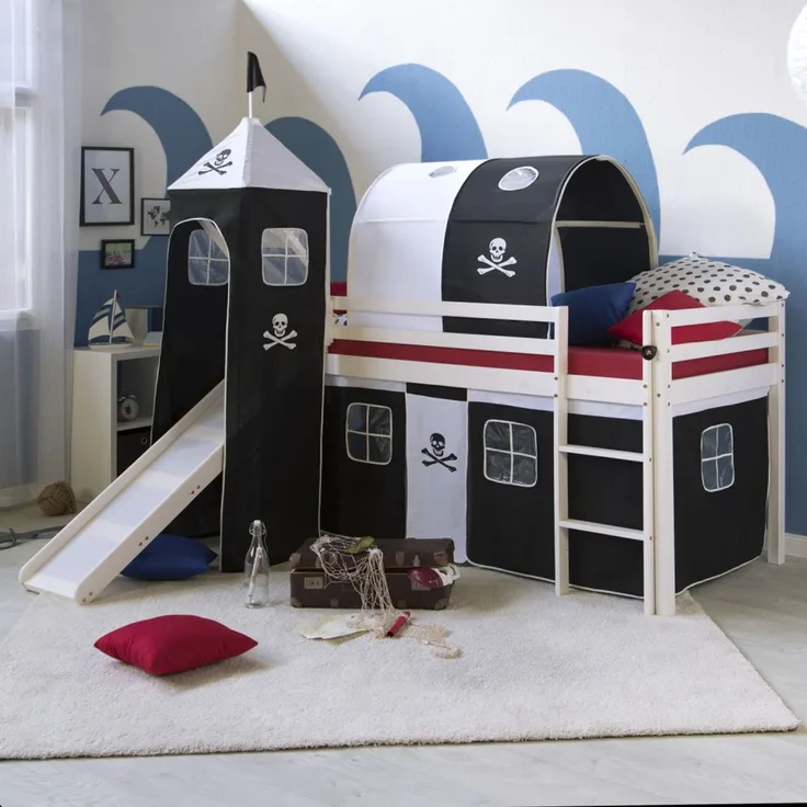 Homestyle4u Kinderbett Hochbett Spielbett Kiefer Massiv Pirat weiß + Rutsche Turm