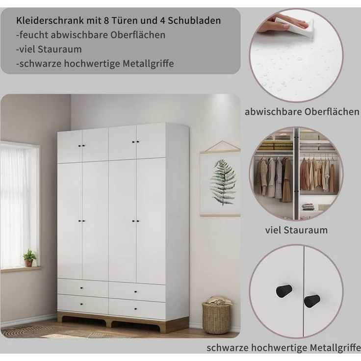 OTTO home Kleiderschrank Oslo Schlafzimmerschrank Garderobe weiß Landhaus Schlafzimmerschrank mit 4 Türen und 4 Schubladen, Breite 160cm – Bild 2