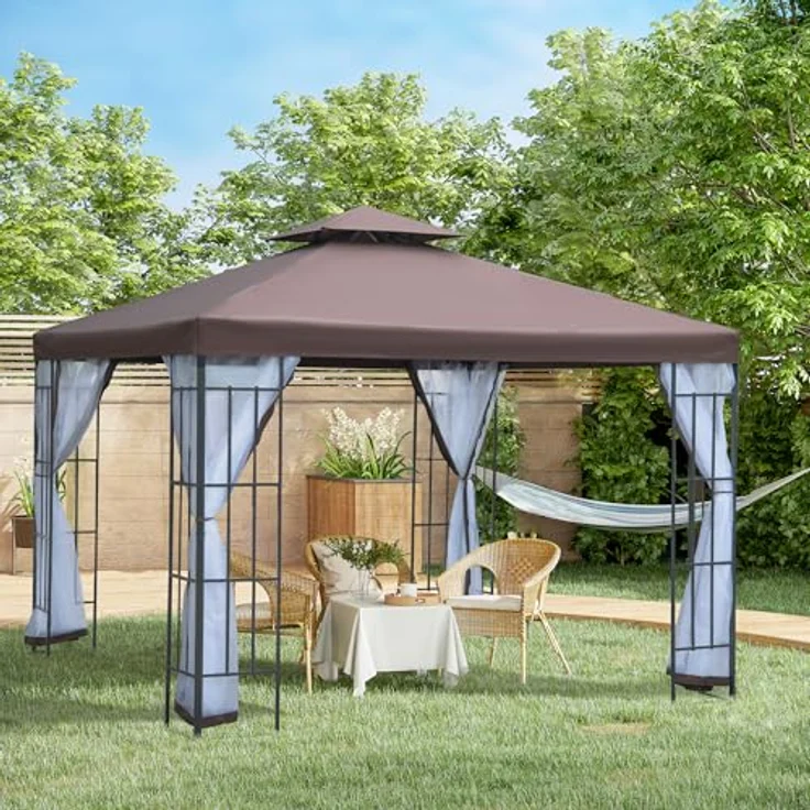 Outsunny Pavillon Gartenpavillon mit Moskitonetzen und Doppeldach, Festzelt 2,97x2,97m für Garten und Veranstaltungen – Bild 2