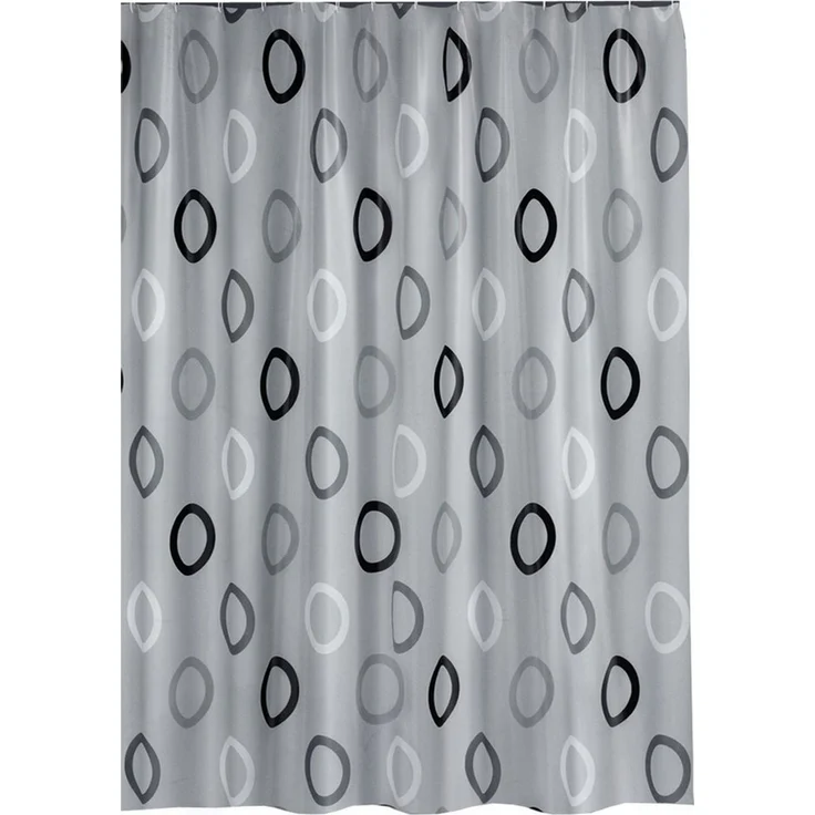 Ekershop Duschvorhang Textil Grau mit Weiß Schwarz Kreisen für Duschstange Breite 220 cm (inkl. Ringe), Höhe 200 cm, wasserabweisend, waschbar, bügelbar – Bild 1