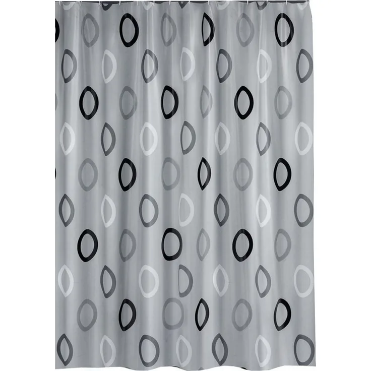 Ekershop Duschvorhang Textil Grau mit Weiß Schwarz Kreisen für Duschstange Breite 220 cm (inkl. Ringe), Höhe 200 cm, wasserabweisend, waschbar, bügelbar
