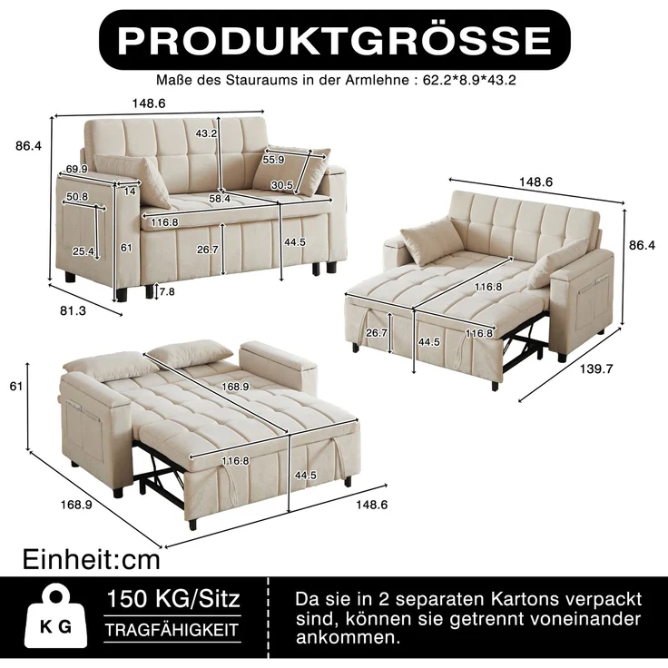 Schlafsofa Chenille, 3-in-1 mit Armlehnen-Stauraum, 148,6x81,3x86,4 cm, Beige – Bild 5