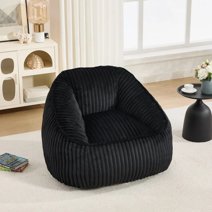 Wohnora-Bean Bag Stuhl mit Memory-Schaumstofffüllung, gestreifter Blasen-Plüsch, flauschig, gemütlich, gemütlicher Sofa für Wohnzimmer, Wohnungen und Schlafsäle,H 73cm x T 98cm x B 92cm,Schwarz