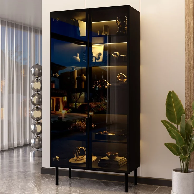 Vitrine 70x36x170 cm in Schwarz mit Glasfront, LED-App-Steuerung und 2 Schubladen – Bild 3