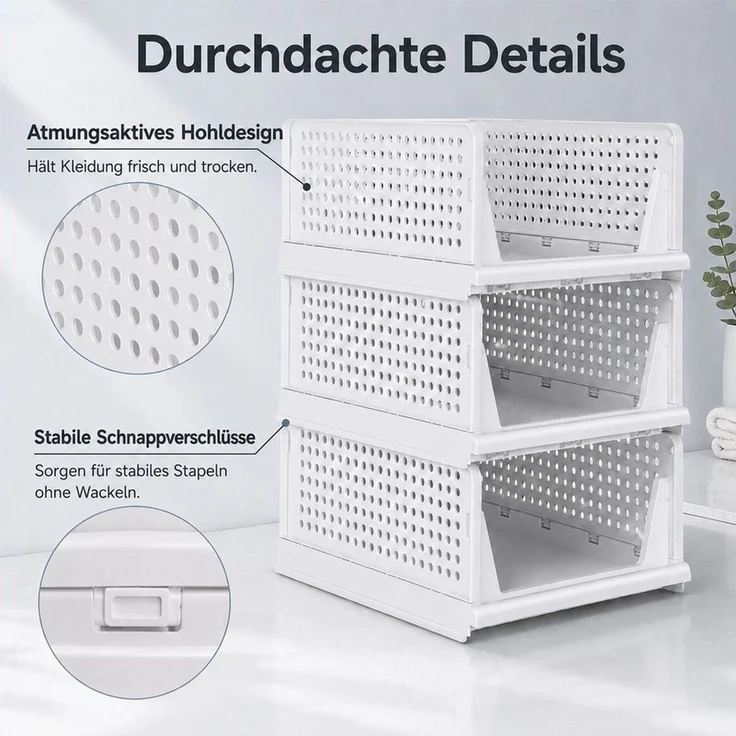 BlingBin Aufbewahrungskorb 3er Set Aufbewahrungskörbe stapelbare, Schrank Organizer (ordnungssystem, 3 St, 3tlg), ausziehbar Aufbewahrungsbox, für Bad Küche Schlafzimmer, Weiß – Bild 3