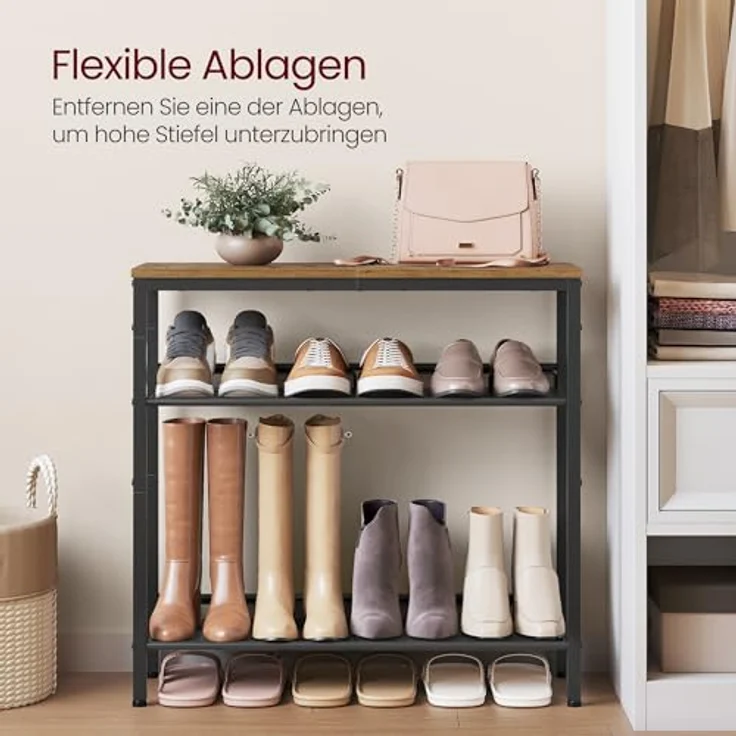 VASAGLE Schuhregal, Schuhablage, 4 Ebenen, große Oberfläche, verstellbare Gitterablagen, platzsparend für Eingangsbereich Flur, Metall, Industrie-Stil, honigbraun-tintenschwarz LBS040K01 – Bild 8