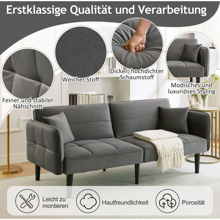Schlafsofa Samt 2-in-1 verstellbar, mit klappbaren Armlehnen,Sofabett mit Massivholzfüßen & 2 Kissen,Grau – Bild 6