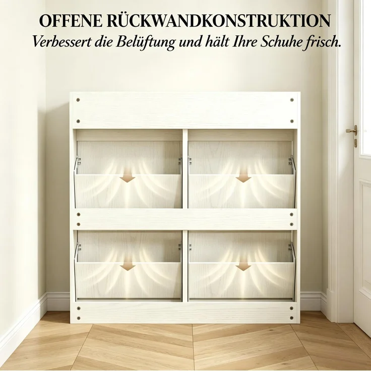 Schuhschrank mit 4 Klappfächern & 2 Schiebetüren, 98x19,2x95,3 cm, Weiß – Bild 6