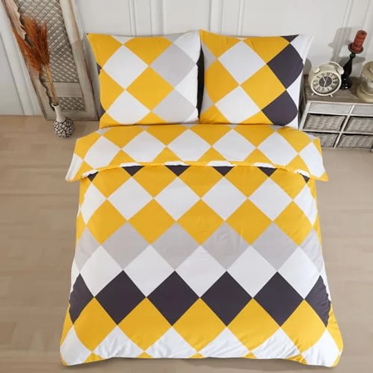 Buymax Bettwäsche Anaga, Bettgarnitur, Bettbezug Set, Renforce: 100% Baumwolle, 2 teilig, mit Reißverschluss, modern gemustert, Karo, Gelb, 135x200 cm – Bild 7