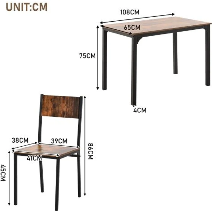 Esstisch 108x65x75 cm mit 4 Stühlen, Braun, Spanplatte/MDF mit PVC-Oberfläche und pulverbeschichtetem Metalllgestell – Bild 4